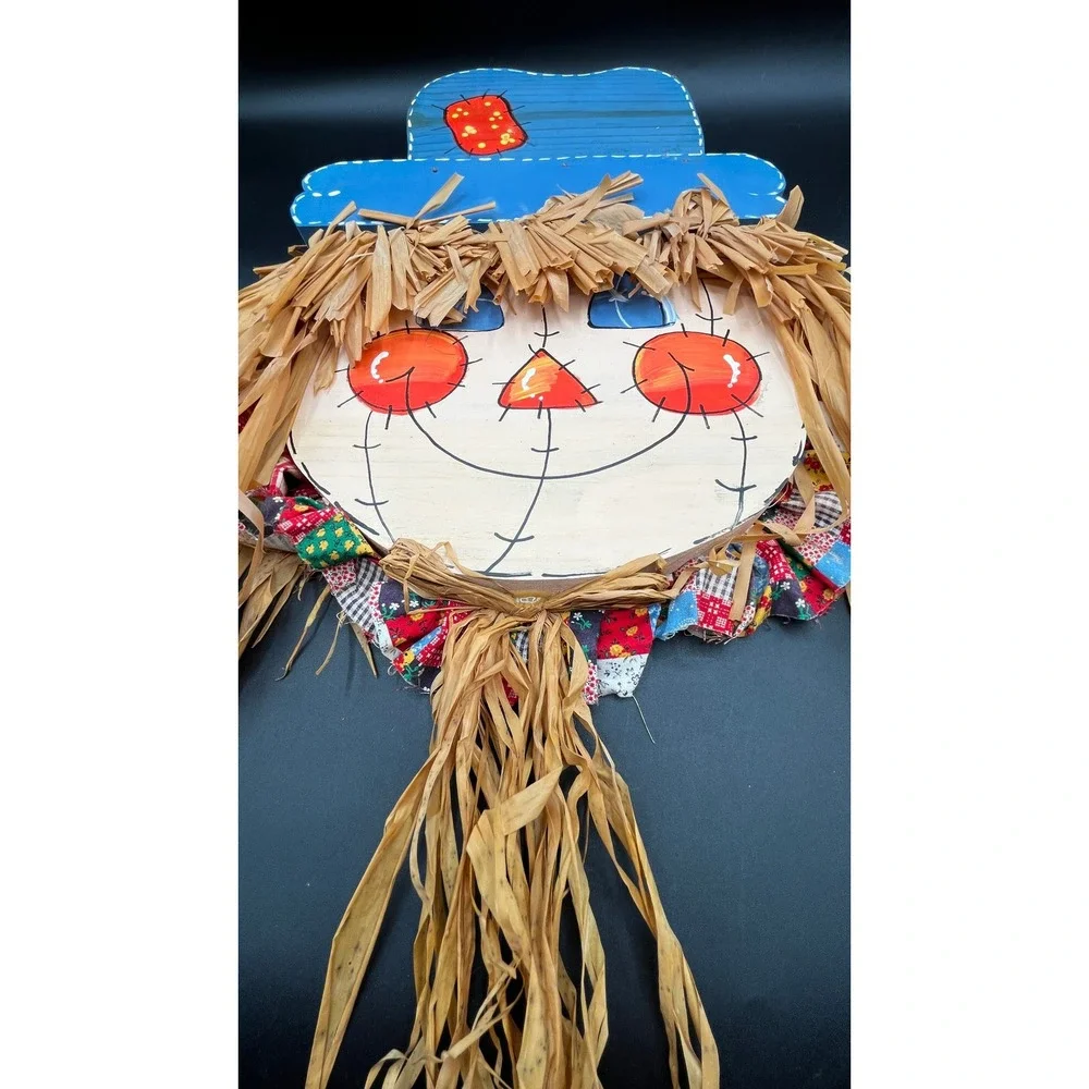 Handmade Wooden Scarecrow Wall Hanging Fall Harvest Decor Raffia 10.5x15.5